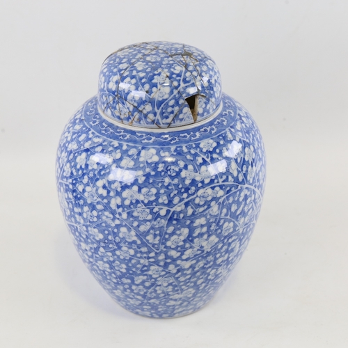 123 - A Chinese blue and white porcelain jar and cover, hand painted blossom decoration with painted marks... 