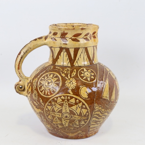 127 - FREMINGTON POTTERY (DEVON) - possibly George Fishley, 19th century jug with hand painted galleon, bi... 