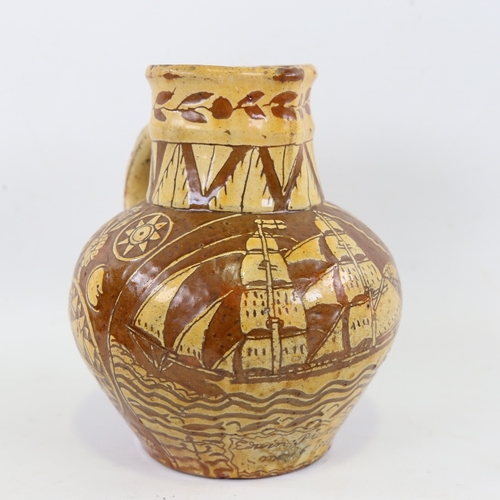 127 - FREMINGTON POTTERY (DEVON) - possibly George Fishley, 19th century jug with hand painted galleon, bi... 