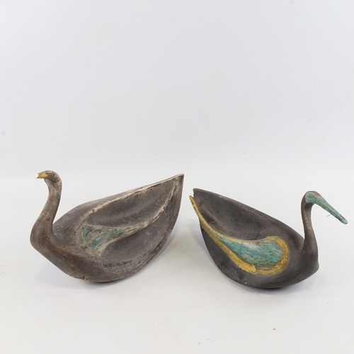 135 - 2 similar Studio pottery ornamental birds, painted decoration, impressed studio marks, largest lengt... 