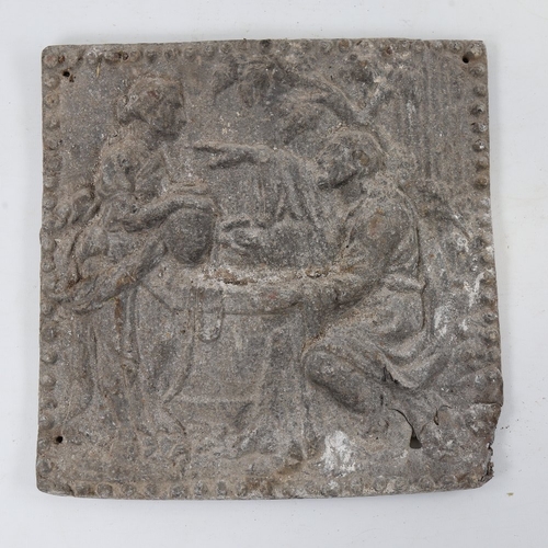 136 - An 18th century relief cast lead wall plaque, depicting figures by a well, 25cm x 25cm