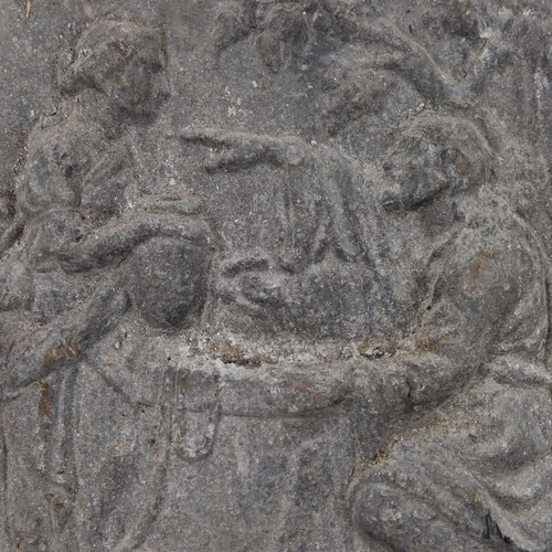 136 - An 18th century relief cast lead wall plaque, depicting figures by a well, 25cm x 25cm