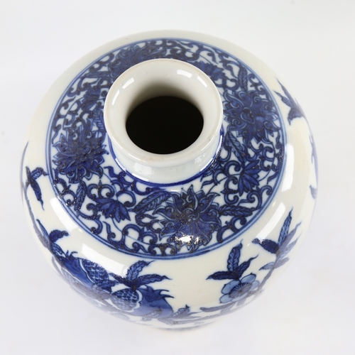 143 - A Chinese blue and white porcelain Mei Ping porcelain vase, hand painted fruit trees and bats, 4 cha... 