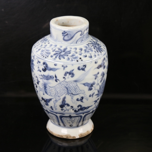 159 - A Chinese blue and white porcelain Yuan style vase, hand painted beasts, height 18cm