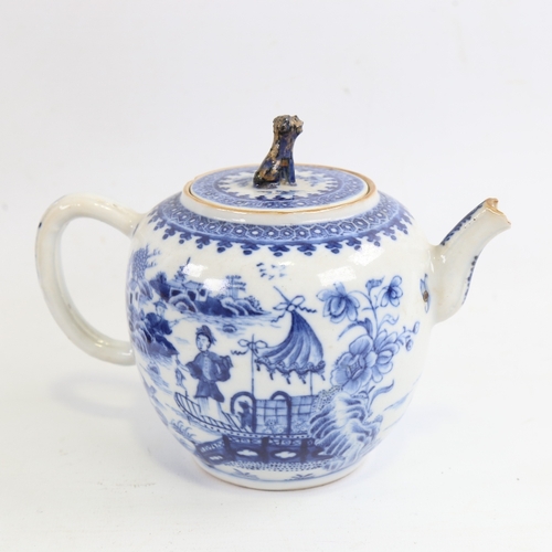 160 - A Chinese blue and white porcelain teapot, hand painted figures and boats, A/F, height 13cm