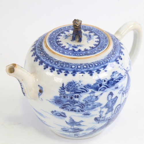 160 - A Chinese blue and white porcelain teapot, hand painted figures and boats, A/F, height 13cm