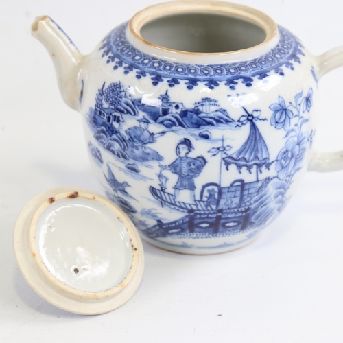 160 - A Chinese blue and white porcelain teapot, hand painted figures and boats, A/F, height 13cm