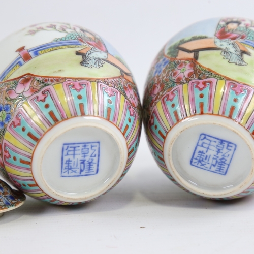 162 - A pair of small Chinese porcelain jars and covers, hand painted scenes with figures in gardens, 6 ch... 