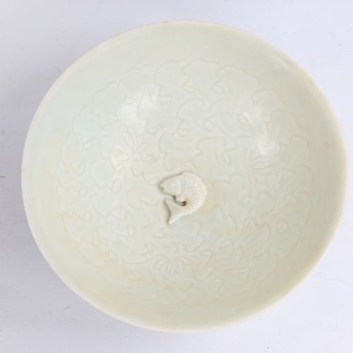 164 - A Chinese celadon glaze porcelain bowl with relief fish centre, diameter 20cm