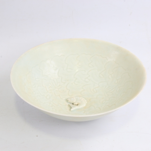 164 - A Chinese celadon glaze porcelain bowl with relief fish centre, diameter 20cm