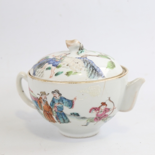 165 - A Chinese white glaze porcelain teapot, hand painted warriors, painted seal mark, A/F, height 10cm