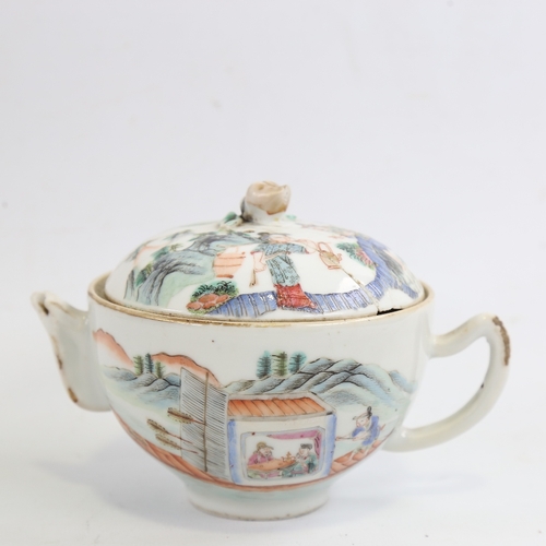 165 - A Chinese white glaze porcelain teapot, hand painted warriors, painted seal mark, A/F, height 10cm