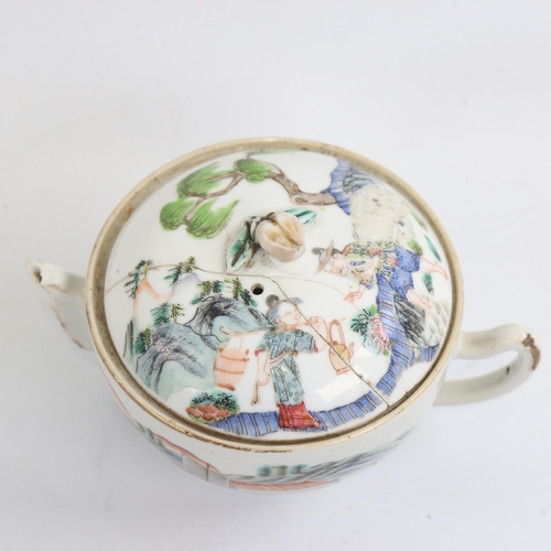 165 - A Chinese white glaze porcelain teapot, hand painted warriors, painted seal mark, A/F, height 10cm