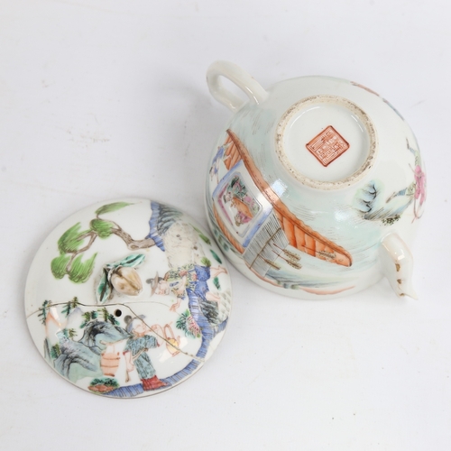 165 - A Chinese white glaze porcelain teapot, hand painted warriors, painted seal mark, A/F, height 10cm