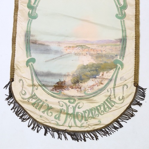 79 - A hand painted and printed French silk advertising banner for Nice dated 1921, printed signature, le... 