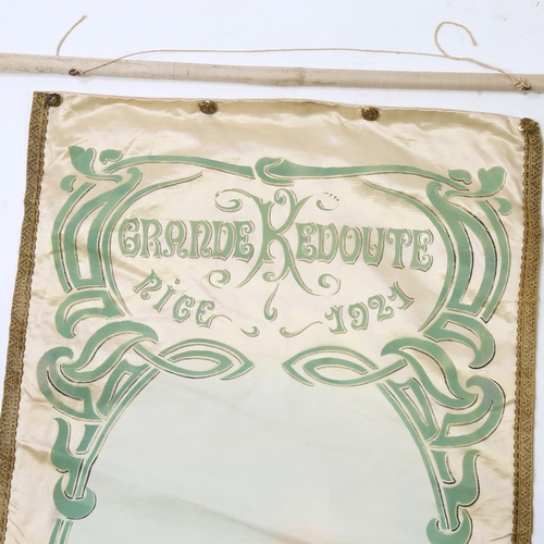 79 - A hand painted and printed French silk advertising banner for Nice dated 1921, printed signature, le... 