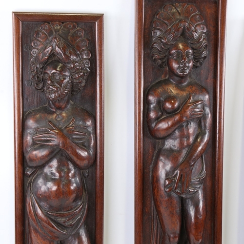 81 - 3 18th century high relief carved and stained wood panels, depicting standing Classical figures, lar... 