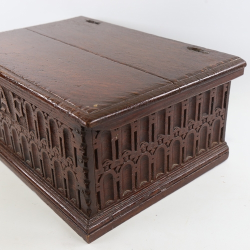 86 - An 18th century oak Bible box, with Arcadian carved front panel and initials AP, 45cm x 30cm x 19cm