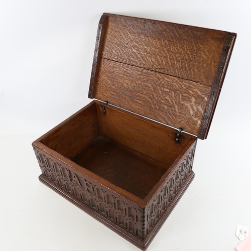 86 - An 18th century oak Bible box, with Arcadian carved front panel and initials AP, 45cm x 30cm x 19cm