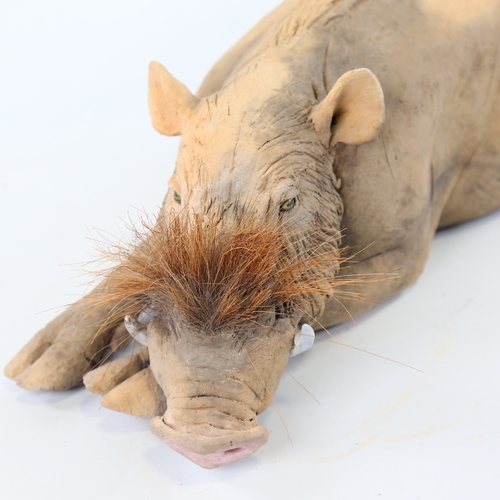 89 - Nick Mackman, raku glaze ceramic sculpture, bearded pig, 2013, length 48cm