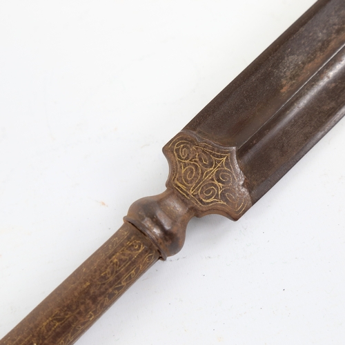 90 - A Persian steel spearhead with fluted blade and Damascene gold inlaid shaft, length 61cm