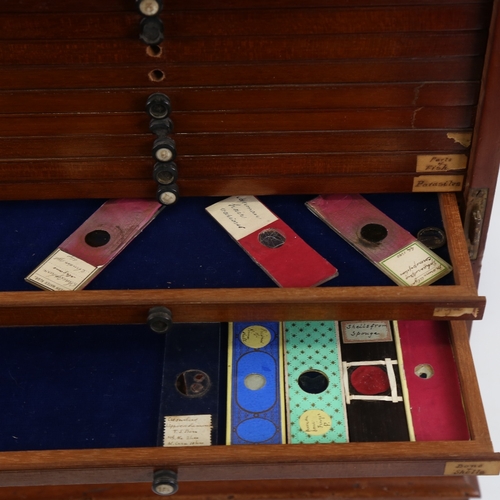 93 - A Victorian mahogany microscope slide cabinet, brass carrying handle with glazed panelled door enclo... 