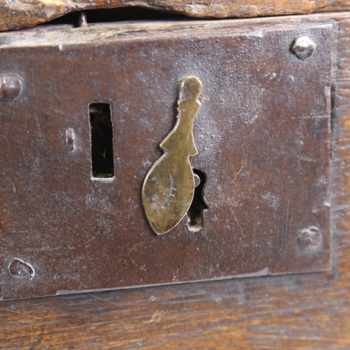 95 - An 18th century oak/elm box of plank construction, 65cm x 33cm, height 25cm