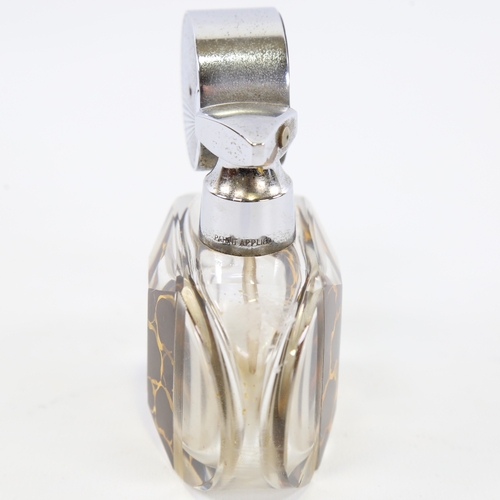 20 - An Art Deco cut-glass atomiser perfume bottle, with chrome plate fan design mount, tortoiseshell ove... 