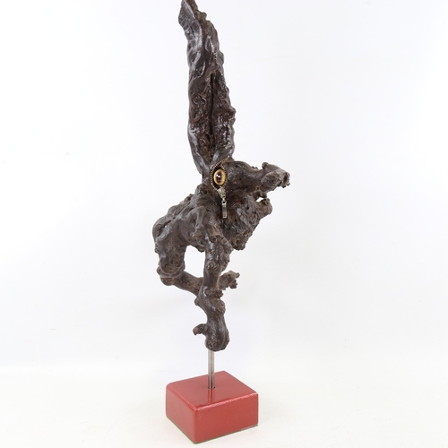 2208 - Chris Watson, Wood beast, mixed media, rootwood/metal on modern stand, height 20