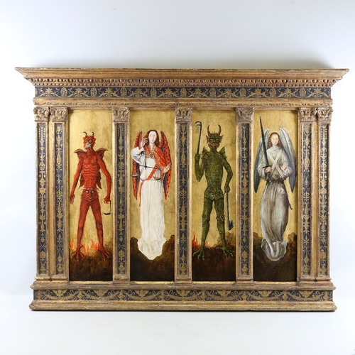 2217 - Chris Watson, Angels and Demons, series of 4 oils on wood panels mounted in a 19th century ornate bl... 