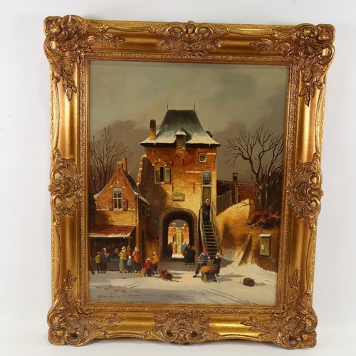 2225 - Willem Heykoop, Dutch winter street scene, oil on wood panel, signed, 19.5