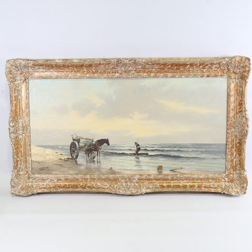 2226 - F Dubois, figure with horse and cart on the beach, signed, 16