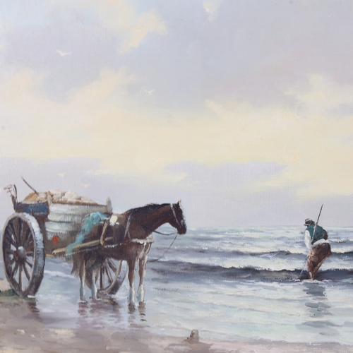 2226 - F Dubois, figure with horse and cart on the beach, signed, 16