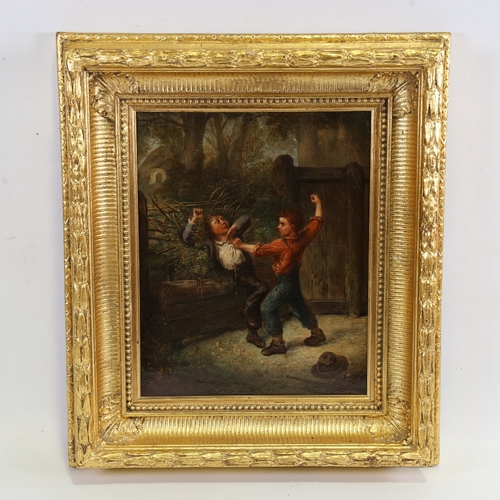 2228 - Paul Delcour, The Young Pugilists, oil on canvas, signed with indistinct date, also inscribed verso,... 