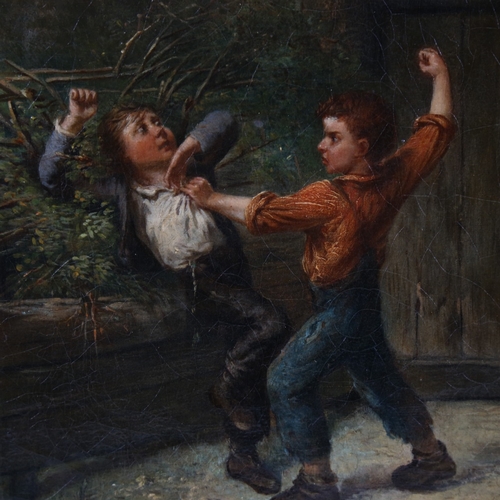 2228 - Paul Delcour, The Young Pugilists, oil on canvas, signed with indistinct date, also inscribed verso,... 