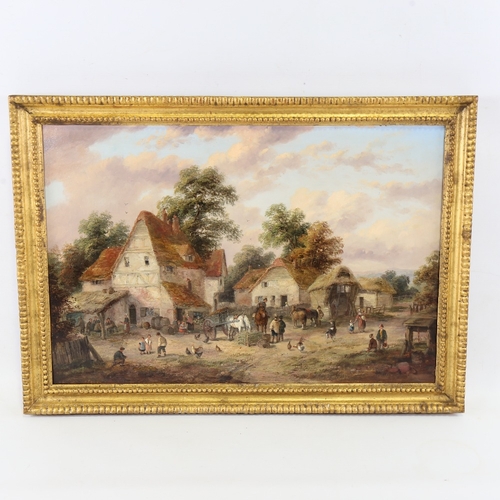 2230 - 19th century English School, a busy village scene with figures horses and carts, unsigned, 14