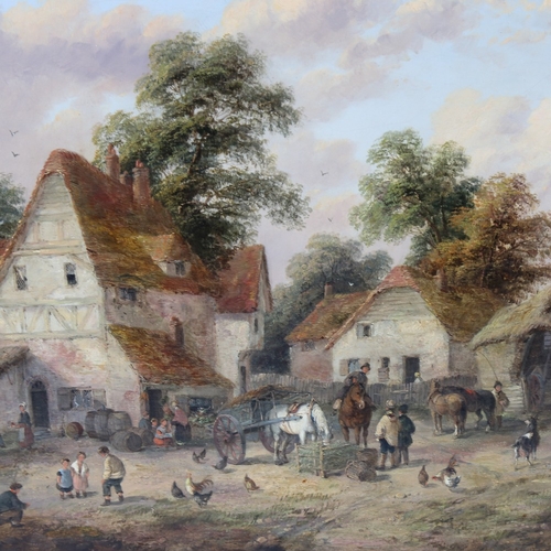 2230 - 19th century English School, a busy village scene with figures horses and carts, unsigned, 14