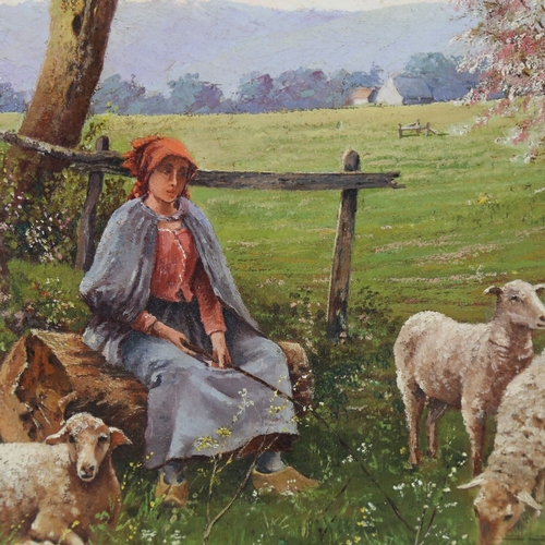 2234 - A Continental oil on panel, circa 1900, shepherdess and sheep, indistinctly signed, 10