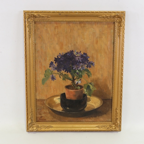 2238 - Early 20th century oil on canvas, still life study, pot plant, signed with monogram, 18