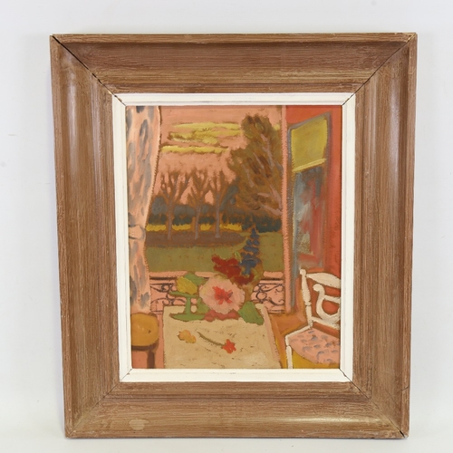 2239 - Oil on board, modernist view through a window, unsigned, 16