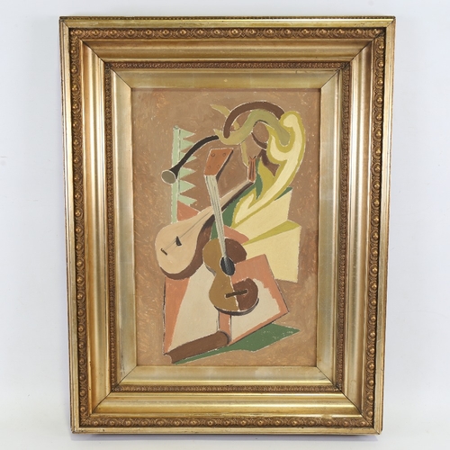 2240 - Contemporary oil on board, cubist style musical composition, unsigned, 18