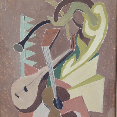 2240 - Contemporary oil on board, cubist style musical composition, unsigned, 18