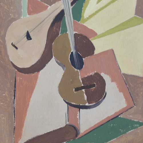 2240 - Contemporary oil on board, cubist style musical composition, unsigned, 18