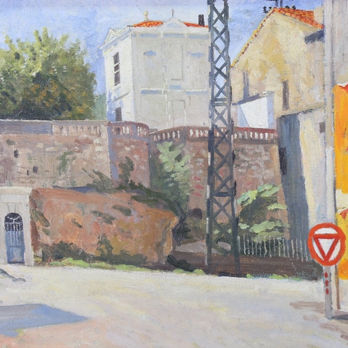 2241 - Mid-20th century oil on canvas, street scene, unsigned, 16