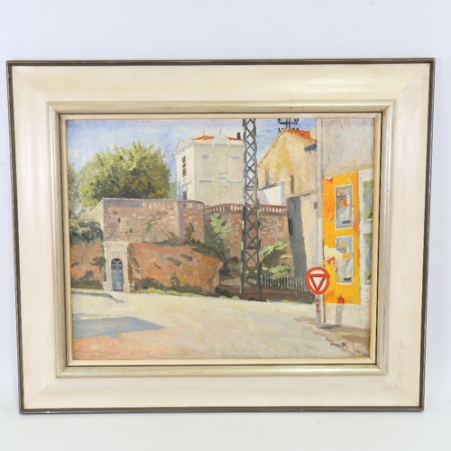 2241 - Mid-20th century oil on canvas, street scene, unsigned, 16