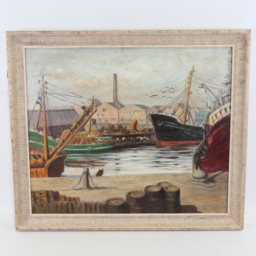 2242 - Mid-20th century oil on board, harbour scene, unsigned, 20