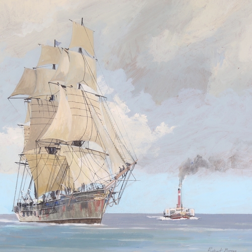 2245 - Robert Bryan, tall ship at sea, acrylic on board, signed, 15