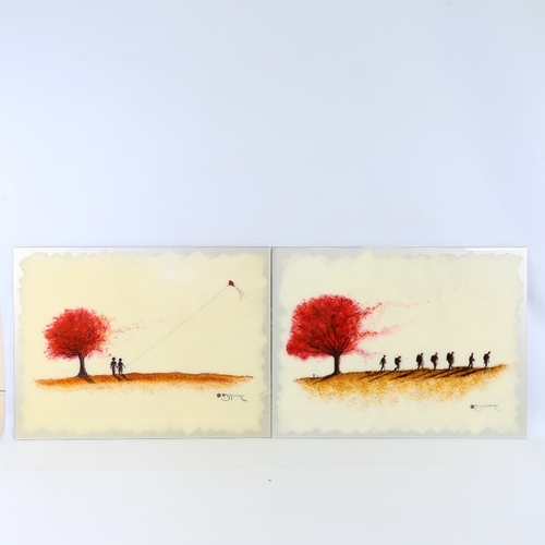 2251 - R Salter, 2 modern enamel paintings on aluminium, Poppy Tree and Waiting, signed with gallery receip... 