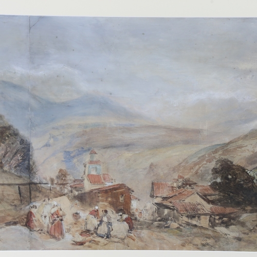 2261 - Circle of Richard Parkes Bonnington (1801 - 1828), large panoramic watercolour, Continental mountain... 