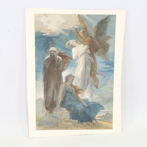 2264 - 19th century French School, symbolist study, angels ascending, watercolour on paper, indistinctly si... 